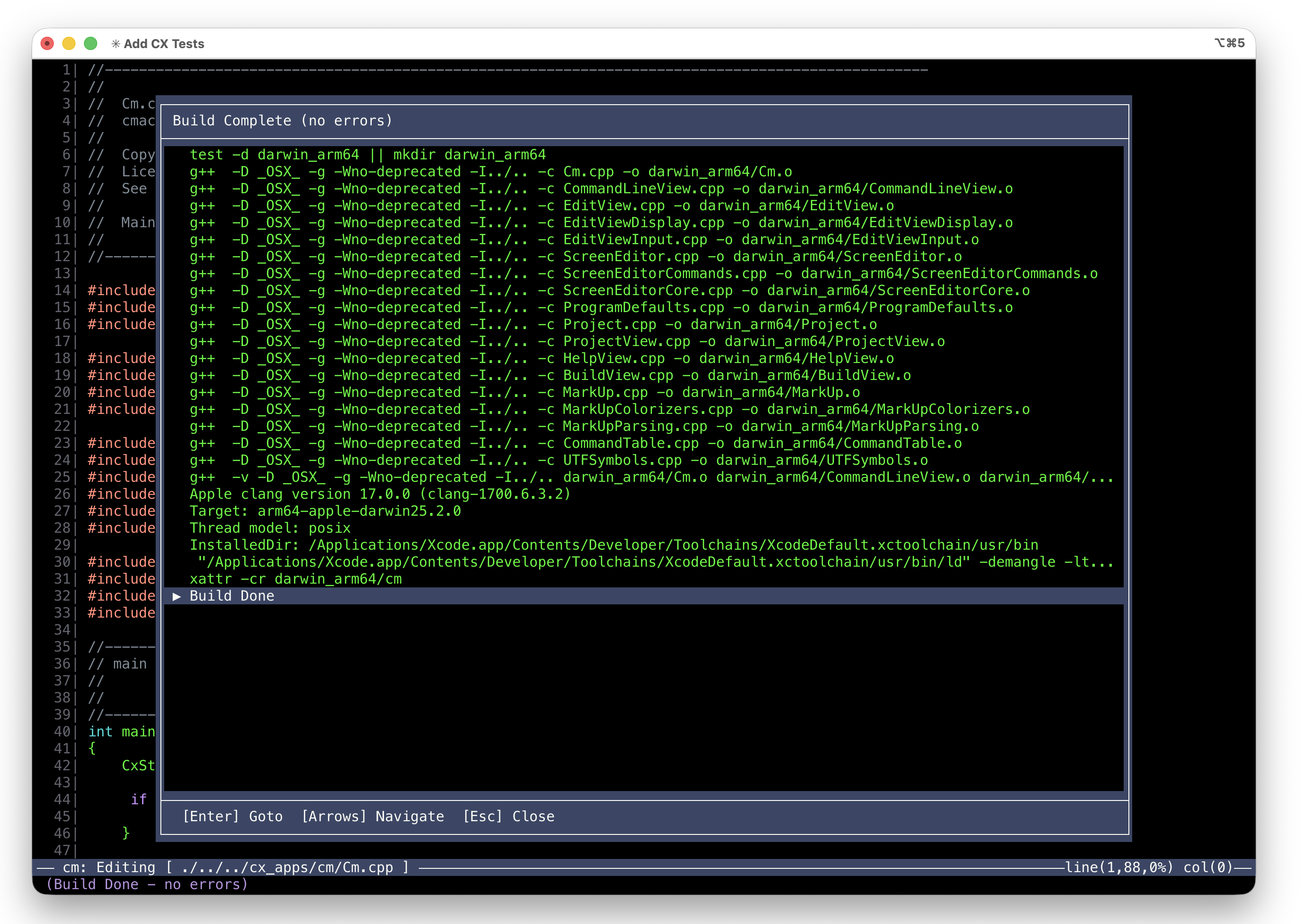 cmacs build output showing compiler errors with navigation