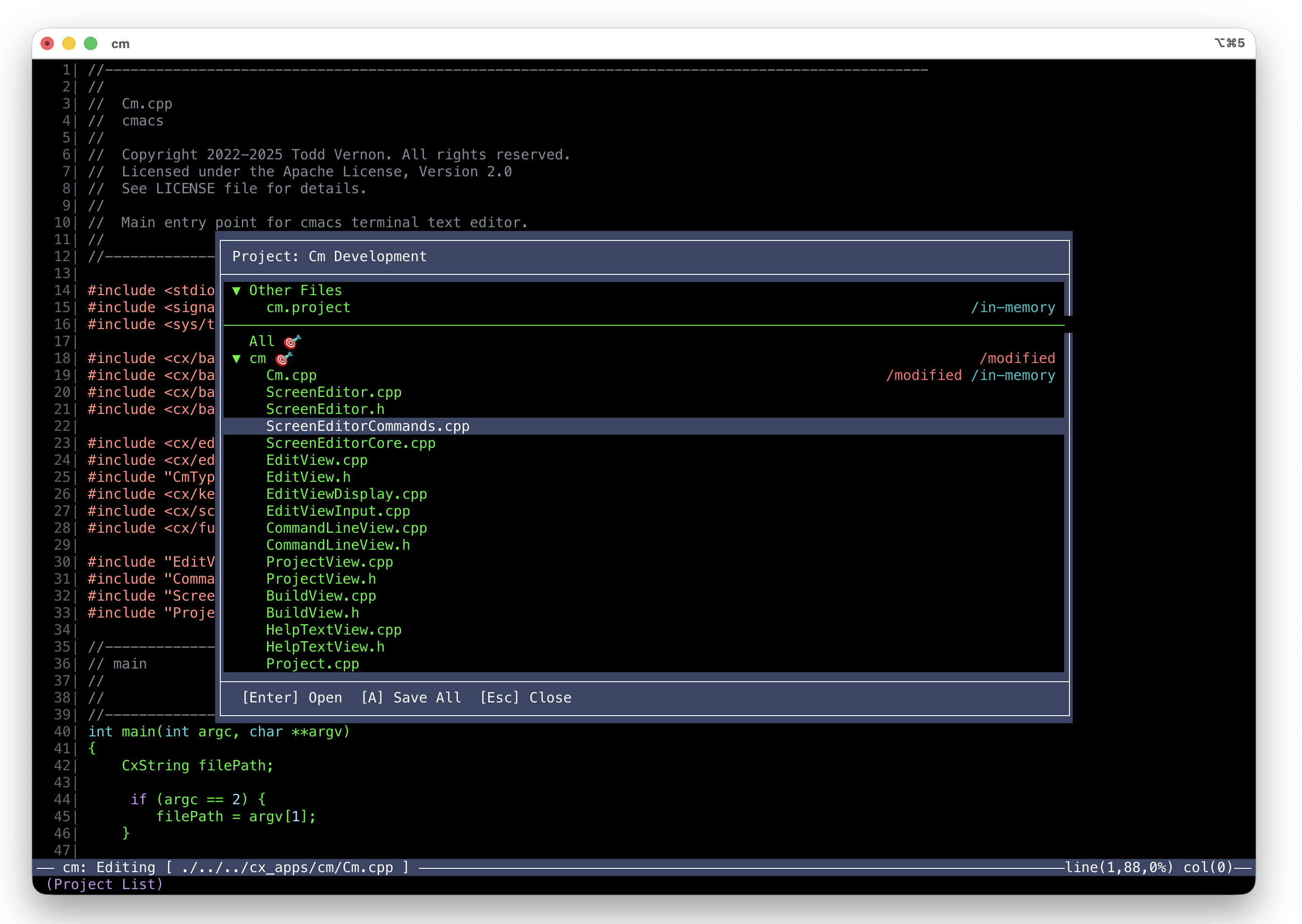 cmacs project dialog showing buffer list and project navigation