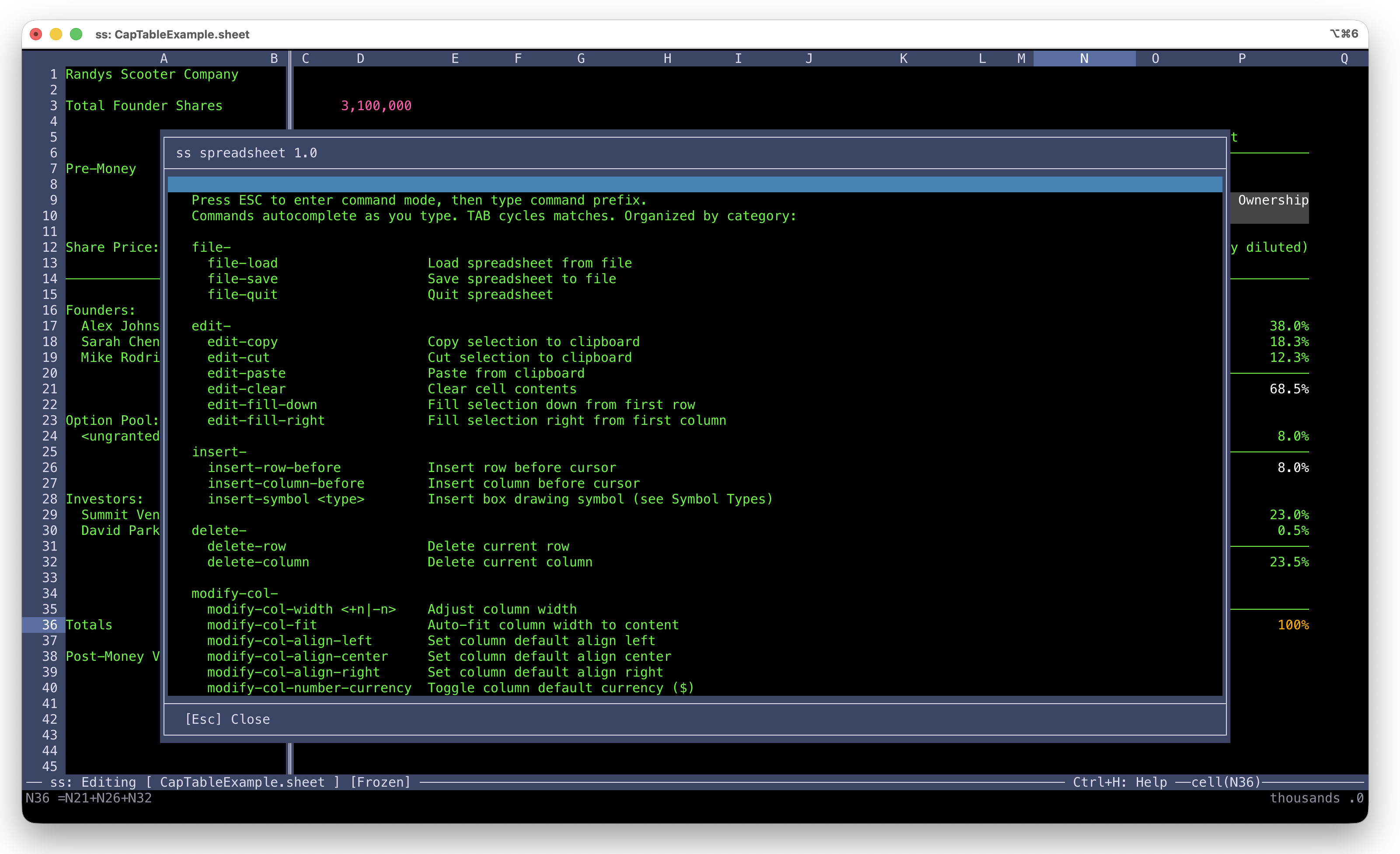 ss built-in help overlay showing all commands